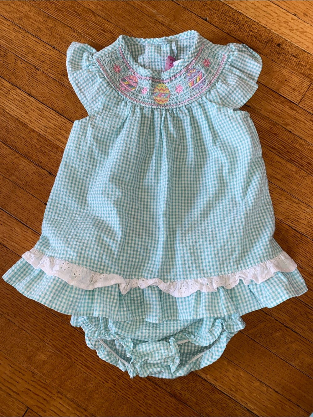 Good Lad Mint Green Gingham Smocked Baby Dress with Pink Yellow Embroidery